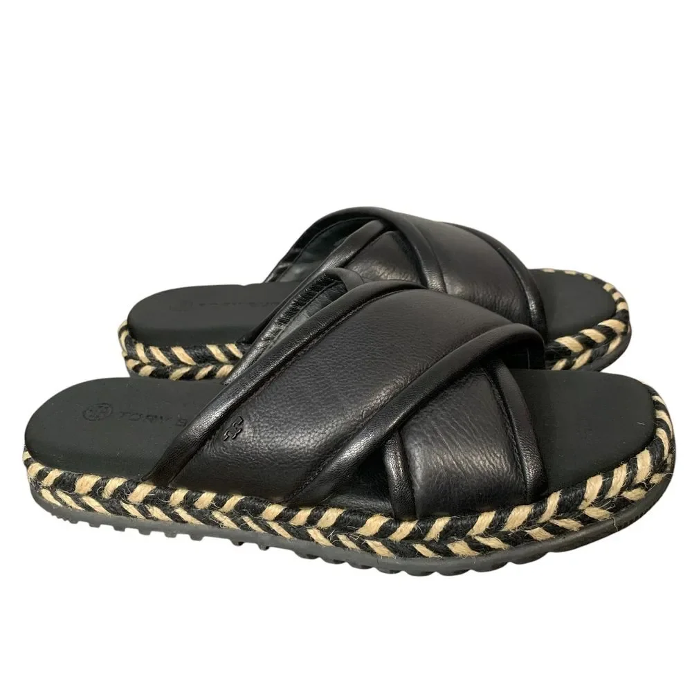Tory Burch NWOT Cross Strap Puffy Slides Espadrille Platform Sandal Black Size 9